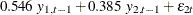 $\displaystyle  0.546 ~  y_{1,t-1} + 0.385~  y_{2,t-1} + \epsilon _{2t}  $