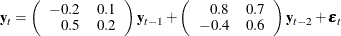 $\displaystyle  \mb {y} _ t = \left( \begin{array}{rr} -0.2 &  0.1 \\ 0.5 &  0.2 \\ \end{array} \right) \mb {y} _{t-1} + \left( \begin{array}{rr} 0.8 &  0.7 \\ -0.4 &  0.6 \\ \end{array} \right) \mb {y} _{t-2} + \bepsilon _ t  $