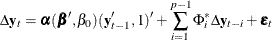 \[  \Delta \mb {y} _ t = \balpha (\bbeta ’, \beta _0)(\mb {y} _{t-1}’,1)’ + \sum _{i=1}^{p-1} \Phi ^*_ i \Delta \mb {y} _{t-i} + \bepsilon _ t  \]