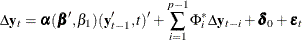 \[  \Delta \mb {y} _ t = \balpha (\bbeta ’, \beta _1)(\mb {y} _{t-1}’,t)’ + \sum _{i=1}^{p-1} \Phi ^*_ i \Delta \mb {y} _{t-i} + \bdelta _0 + \bepsilon _ t  \]