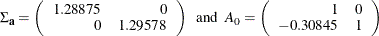 $\displaystyle  \Sigma _\mb {{a}} = \left( \begin{array}{rr} 1.28875 &  0 \\ 0 &  1.29578 \end{array} \right) ~ ~ \mr {and} ~ ~  A_0 =\left( \begin{array}{rr} 1 &  0 \\ -0.30845 &  1 \end{array} \right)  $