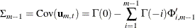 $\displaystyle  \Sigma _{m-1} = \mr {Cov} (\mb {u} _{m,t}) = \Gamma (0) -\sum _{i=1}^{m-1} \Gamma (-i) \Phi _{i,m-1}’  $