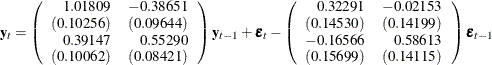 $\displaystyle  \mb {y} _ t = \left( \begin{array}{rr} 1.01809 &  -0.38651 \\ (0.10256)& (0.09644)\\ 0.39147 &  0.55290 \\ (0.10062)& (0.08421)\\ \end{array} \right) \mb {y} _{t-1} + \bepsilon _ t - \left( \begin{array}{rr} 0.32291 &  -0.02153 \\ (0.14530)&  (0.14199)\\ -0.16566 &  0.58613 \\ (0.15699)&  (0.14115)\\ \end{array} \right) \bepsilon _{t-1}  $