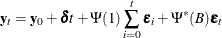 $\displaystyle  \mb {y} _ t = \mb {y} _0 + \bdelta t + \Psi (1)\sum _{i=0}^{t}\bepsilon _ i + \Psi ^{*}(B)\bepsilon _ t  $