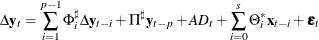 \[  \Delta \mb {y} _ t=\sum _{i=1}^{p-1}\Phi ^{\sharp }_ i\Delta \mb {y} _{t-i} +\Pi ^{\sharp } \mb {y} _{t-p} + A D_ t +\sum _{i=0}^{s}\Theta ^*_ i\mb {x} _{t-i} +\bepsilon _ t  \]