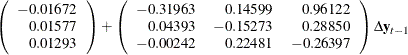 $\displaystyle  \left( \begin{array}{r} -0.01672 \\ 0.01577 \\ 0.01293 \\ \end{array} \right) + \left( \begin{array}{rrr} -0.31963 &  0.14599 &  0.96122 \\ 0.04393 &  -0.15273 &  0.28850 \\ -0.00242 &  0.22481 &  -0.26397 \\ \end{array} \right) \Delta \mb {y} _{t-1}  $