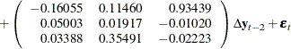 $\displaystyle  + \left( \begin{array}{rrr} -0.16055 &  0.11460 &  0.93439 \\ 0.05003 &  0.01917 &  -0.01020 \\ 0.03388 &  0.35491 &  -0.02223 \\ \end{array} \right) \Delta \mb {y} _{t-2} + \bepsilon _ t  $