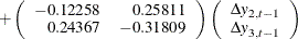 $\displaystyle  + \left( \begin{array}{rr} -0.12258 &  0.25811 \\ 0.24367 &  -0.31809 \\ \end{array} \right) \left( \begin{array}{r} {\Delta y}_{2,t-1} \\ {\Delta y}_{3,t-1} \\ \end{array} \right)  $