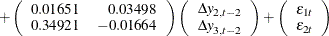 $\displaystyle  + \left( \begin{array}{rr} 0.01651 &  0.03498 \\ 0.34921 &  -0.01664 \\ \end{array} \right) \left( \begin{array}{r} {\Delta y}_{2,t-2} \\ {\Delta y}_{3,t-2} \\ \end{array} \right) + \left( \begin{array}{r} {\epsilon }_{1t} \\ {\epsilon }_{2t} \\ \end{array} \right)  $