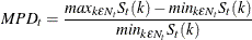 \[  MPD_{t} = \frac{max_{k{\epsilon }N_{t}}S_{t}(k) - min_{k{\epsilon }N_{t}}S_{t}(k)}{min_{k{\epsilon }N_{t}}S_{t}(k) }  \]