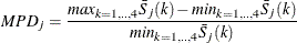 \[  MPD_{j} = \frac{max_{k=1,..,4}\bar{S}_{j}(k) - min_{k=1,..,4}\bar{S}_{j}(k)}{min_{k=1,..,4}\bar{S}_{j}(k) }  \]