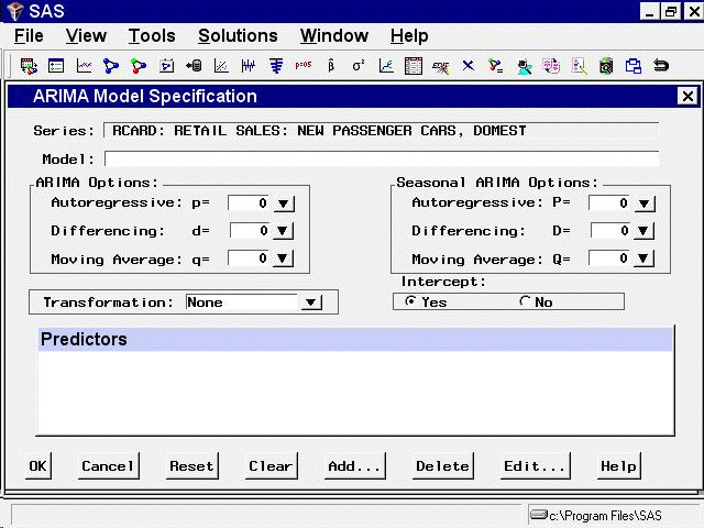 ARIMA Model Specification Window