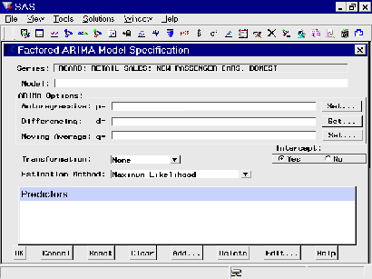 Factored ARIMA Model Specification Window