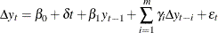 \[  {\Delta } y_{t} = {\beta }_{0} + {\delta }t + {\beta }_{1} y_{t-1} + \sum _{i=1}^{m}{{\gamma }_{i}{\Delta } y_{t-i}} + {\epsilon }_{t}  \]