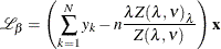 \[  \mathcal{L}_{\beta } = \left(\sum _{k=1}^{N}y_{k} - n\frac{\lambda {Z(\lambda ,\nu )}_{\lambda }}{Z(\lambda ,\nu )}\right) \mathbf{x}  \]