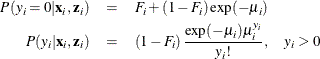 \begin{eqnarray*}  P(y_{i}=0|\mathbf{x}_{i},\mathbf{z}_{i}) & =&  F_{i} + \left(1 - F_{i}\right)\exp (-\mu _{i}) \\ P(y_{i}|\mathbf{x}_{i},\mathbf{z}_{i}) & =&  \left(1- F_{i} \right)\frac{\exp (-\mu _{i}) \mu _ i^{y_{i}}}{y_{i}!},\quad y_{i}>0 \end{eqnarray*}