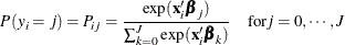 \[  P(y_{i} = j) = P_{ij} = \frac{\exp (\mb {x}_{i}\bbeta _{j})}{\sum _{k=0}^{J}\exp (\mb {x}_{i}\bbeta _{k})} \quad \mr { for } j=0,\cdots ,J  \]