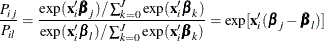 \[  \frac{P_{ij}}{P_{il}} = \frac{\exp (\mathbf{x}_{i}\bbeta _{j}) / \sum _{k=0}^{J}\exp (\mathbf{x}_{i}\bbeta _{k})}{\exp (\mathbf{x}_{i}\bbeta _{l}) / \sum _{k=0}^{J}\exp (\mathbf{x}_{i}\bbeta _{k})} = \exp [\mathbf{x}_{i}’(\bbeta _{j}-\bbeta _{l})]  \]