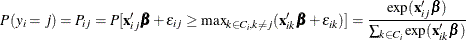 \[  P(y_{i} = j) = P_{ij} = P[\mathbf{x}_{ij}’\bbeta +\epsilon _{ij} \geq \mathbf{\max }_{k \in C_{i}, k \neq j} (\mathbf{x}_{ik}’\bbeta +\epsilon _{ik})] = \frac{\exp (\mathbf{x}_{ij}\bbeta )}{\sum _{k\in C_{i}}\exp (\mathbf{x}_{ik}\bbeta )}  \]