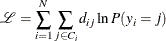 \[  \mathcal{L} = \sum _{i=1}^{N}\sum _{j\in C_{i}}d_{ij}\ln P(y_{i}=j)  \]