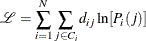 \[  \mathcal{L} = \sum _{i=1}^{N}\sum _{j \in C_ i}d_{ij}\ln [P_{i}(j)]  \]