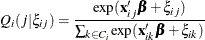 \[  Q_{i}(j|\xi _{ij}) = \frac{\exp (\mathbf{x}_{ij}\bbeta +\xi _{ij})}{\sum _{k\in C_{i}}\exp (\mathbf{x}_{ik}\bbeta +\xi _{ik})}  \]