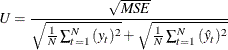 \[  \mi {U} =\frac{\sqrt \mi {MSE}}{\sqrt {\frac{1}{N}\sum _{t=1}^{N}{(y_{t})^{2}}} + \sqrt {\frac{1}{N}\sum _{t=1}^{N}{( \hat{y}_{t})^{2}}}}  \]