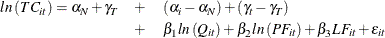 \begin{eqnarray*}  ln\left(TC_\emph {it} \right) = \alpha _\emph {N} + \gamma _\emph {T} & +& (\alpha _\emph {i}- \alpha _\emph {N} ) +(\gamma _\emph {t}- \gamma _\emph {T} ) \\ & +&  \beta _{1} ln\left(Q_\emph {it} \right) + \beta _{2} ln\left(PF_\emph {it} \right) + \beta _{3} LF_\emph {it} + \epsilon _\emph {it} \end{eqnarray*}