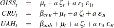 \begin{eqnarray*}  GISS_{t} &  = &  \mu _{t} + a \;  \zeta _{t} + a\;  r_{1}\;  \epsilon _{1 t} \nonumber \\ CRU_{t} &  = &  \beta _{cru} + \mu _{t} + a \;  \zeta _{t} + a\;  \epsilon _{2 t} \nonumber \\ UAH_{t} &  = &  \beta _{uah} + \mu _{t} + a \;  \zeta _{t} + a\;  r_{3}\;  \epsilon _{3 t} \nonumber \end{eqnarray*}