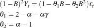 \begin{gather*}  (1-{B})^{2}Y_{t} = (1-{\theta }_{1}{B}-{\theta }_{2}{B}^{2}) {\epsilon }_{t} \\ {\theta }_{1} = 2 - {\alpha } - {\alpha }{\gamma } \\ {\theta }_{2} = {\alpha } - 1 \end{gather*}