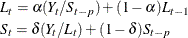 \begin{gather*}  L_{t} = {\alpha }(Y_{t}/S_{t-p}) + (1-{\alpha })L_{t-1} \\ S_{t} = {\delta }(Y_{t}/L_{t}) + (1-{\delta })S_{t-p} \end{gather*}