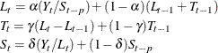 \begin{gather*}  L_{t} = {\alpha }(Y_{t}/S_{t-p}) + (1-{\alpha })(L_{t-1}+T_{t-1}) \\ T_{t} = {\gamma }(L_{t} - L_{t-1}) + (1-{\gamma })T_{t-1} \\ S_{t} = {\delta }(Y_{t}/L_{t}) + (1-{\delta })S_{t-p} \end{gather*}