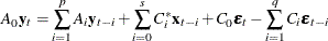 \begin{eqnarray*}  A_0 \mb {y} _ t = \sum _{i=1}^{p} A_ i\mb {y} _{t-i} + \sum _{i=0}^{s}C_ i^*\mb {x} _{t-i} + C_0\bepsilon _ t - \sum _{i=1}^{q}C_ i\bepsilon _{t-i} \end{eqnarray*}