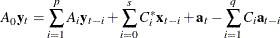 \begin{eqnarray*}  A_0 \mb {y} _ t = \sum _{i=1}^{p} A_ i\mb {y} _{t-i} + \sum _{i=0}^{s}C_ i^*\mb {x} _{t-i} + \mb {a}_ t - \sum _{i=1}^{q}C_ i\mb {a}_{t-i} \end{eqnarray*}