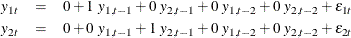 \begin{eqnarray*}  y_{1t} & =&  0 + 1 ~ y_{1,t-1} + 0 ~ y_{2,t-1} + 0 ~ y_{1,t-2} + 0 ~ y_{2,t-2} + \epsilon _{1t} \\ y_{2t} & =&  0 + 0 ~ y_{1,t-1} + 1 ~ y_{2,t-1} + 0 ~ y_{1,t-2} + 0 ~ y_{2,t-2} + \epsilon _{2t} \end{eqnarray*}