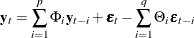 \begin{eqnarray*}  \mb {y} _{t} = \sum _{i=1}^{p}\Phi _ i\mb {y} _{t-i} + \bepsilon _ t -\sum _{i=1}^{q} \Theta _ i\bepsilon _{t-i} \end{eqnarray*}