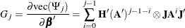 \[  G_ j= \frac{\partial \mr {vec} (\Psi _ j)}{\partial {\bbeta }} = \sum _{i=0}^{j-1} \mb {H} ’(\mb {A} ’)^{j-1-i} \otimes \mb {J} \mb {A} ^ i\mb {J} ’  \]