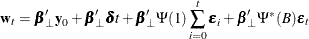 \[  \mb {w} _{t} = \bbeta _{\bot }’\mb {y} _0 + \bbeta _{\bot }’\bdelta t + \bbeta _{\bot }’ \Psi (1)\sum _{i=0}^{t}\bepsilon _ i + \bbeta _{\bot }’ \Psi ^{*}(B)\bepsilon _ t  \]