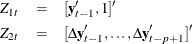 \begin{eqnarray*}  Z_{1t}& =& [ \mb {y} _{t-1}’, 1]’ \\ Z_{2t}& =& [\Delta \mb {y} _{t-1}’,\ldots ,\Delta \mb {y} _{t-p+1}’]’\\ \end{eqnarray*}