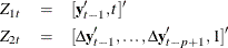 \begin{eqnarray*}  Z_{1t}& =& [ \mb {y} _{t-1}’, t]’ \\ Z_{2t}& =& [\Delta \mb {y} _{t-1}’,\ldots ,\Delta \mb {y} _{t-p+1}’, 1]’\\ \end{eqnarray*}