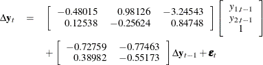 \begin{eqnarray*}  \Delta \mb {y} _ t & =&  \left[ \begin{array}{rrr} -0.48015 &  0.98126 &  -3.24543 \\ 0.12538 &  -0.25624&  0.84748 \end{array} \right] \left[ \begin{array}{c} y_{1,t-1} \\ y_{2,t-1} \\ 1 \end{array} \right] \\ & &  + \left[ \begin{array}{rr} -0.72759 &  -0.77463 \\ 0.38982 &  -0.55173 \end{array} \right] \Delta \mb {y} _{t-1} + \bepsilon _ t \end{eqnarray*}