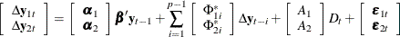 \begin{eqnarray*}  \left[ \begin{array}{c} \Delta \mb {y} _{1t} \\ \Delta \mb {y} _{2t} \end{array} \right] = \left[ \begin{array}{c} \balpha _1 \\ \balpha _2 \end{array} \right] \bbeta ’\mb {y} _{t-1} + \sum _{i=1}^{p-1} \left[ \begin{array}{c} \Phi ^*_{1i} \\ \Phi ^*_{2i} \end{array} \right] \Delta \mb {y} _{t-i} + \left[ \begin{array}{c} A_{1} \\ A_{2} \end{array} \right] D_ t + \left[ \begin{array}{c} \bepsilon _{1t} \\ \bepsilon _{2t} \end{array} \right] \end{eqnarray*}