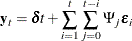 \begin{eqnarray*}  \mb {y}_ t = \bdelta t + \sum _{i=1}^ t\sum _{j=0}^{t-i}\Psi _ j\bepsilon _ i \end{eqnarray*}