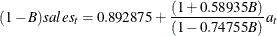 \[  (1-{B})sales_{t} = 0.892875 + \frac{(1 + 0.58935 {B})}{(1 - 0.74755 {B})} a_{t}  \]