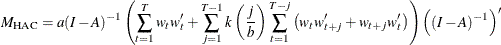 \[  M_{\mr{HAC}}=a(I-A)^{-1}\left(\sum _{t=1}^{T}{w_ t w_ t’} +\sum _{j=1}^{T-1}{k\left(\frac{j}{b}\right) \sum _{t=1}^{T-j}{\left(w_ t w_{t+j}’ + w_{t+j} w_{t}’\right)}}\right)\left((I-A)^{-1}\right)’  \]