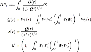 \begin{align*}  DF_\tau \Longrightarrow & \int _0^1 \frac{Q(r)}{(\int _0^1 Q^2)^{1/2}} dS\\ Q(r) & =W_1(r) -\int _0^1 W_1 W_2’ \left(\int _0^1 W_2 W_2’\right)^{-1} W_2(r)\\ S(r)& = \frac{Q(r)}{(\kappa ' \kappa )^{1/2}}\\ \kappa ’ & = \left(1, -\int _0^1 W_1 W_2’ \left(\int _0^1 W_2 W_2’\right)^{-1} \right) \end{align*}