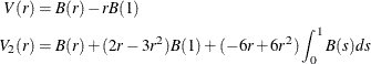 \begin{align*}  V(r)& =B(r)-rB(1)\\ V_2(r)& =B(r)+(2r-3r^2)B(1)+(-6r+6r^2)\int _0^1B(s)ds \end{align*}