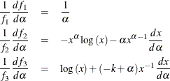 \begin{eqnarray*}  \frac{1}{f_{1}}\frac{df_{1}}{d\alpha } & =& \frac{1}{\alpha } \\ \frac{1}{f_{2}}\frac{df_{2}}{d\alpha } & =& -x^{\alpha }\log \left( x\right) -\alpha x^{\alpha -1}\frac{dx}{d\alpha } \\ \frac{1}{f_{3}}\frac{df_{3}}{d\alpha } & =& \log \left( x\right) +\left( -k+\alpha \right) x^{-1}\frac{dx}{d\alpha } \end{eqnarray*}