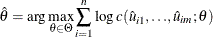 \[  \hat{\theta } = \arg \max _{{\theta }\in {\Theta }} \sum _{i=1}^{n} \log c(\hat{u}_{i1}, {\ldots }, \hat{u}_{im}; {\theta })  \]