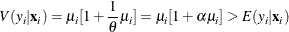 \[  V(y_{i}|\mathbf{x}_{i}) = \mu _{i} [1+\frac{1}{\theta }\mu _{i}] = \mu _{i}[1+\alpha \mu _{i}] > E(y_{i}|\mathbf{x}_{i})  \]